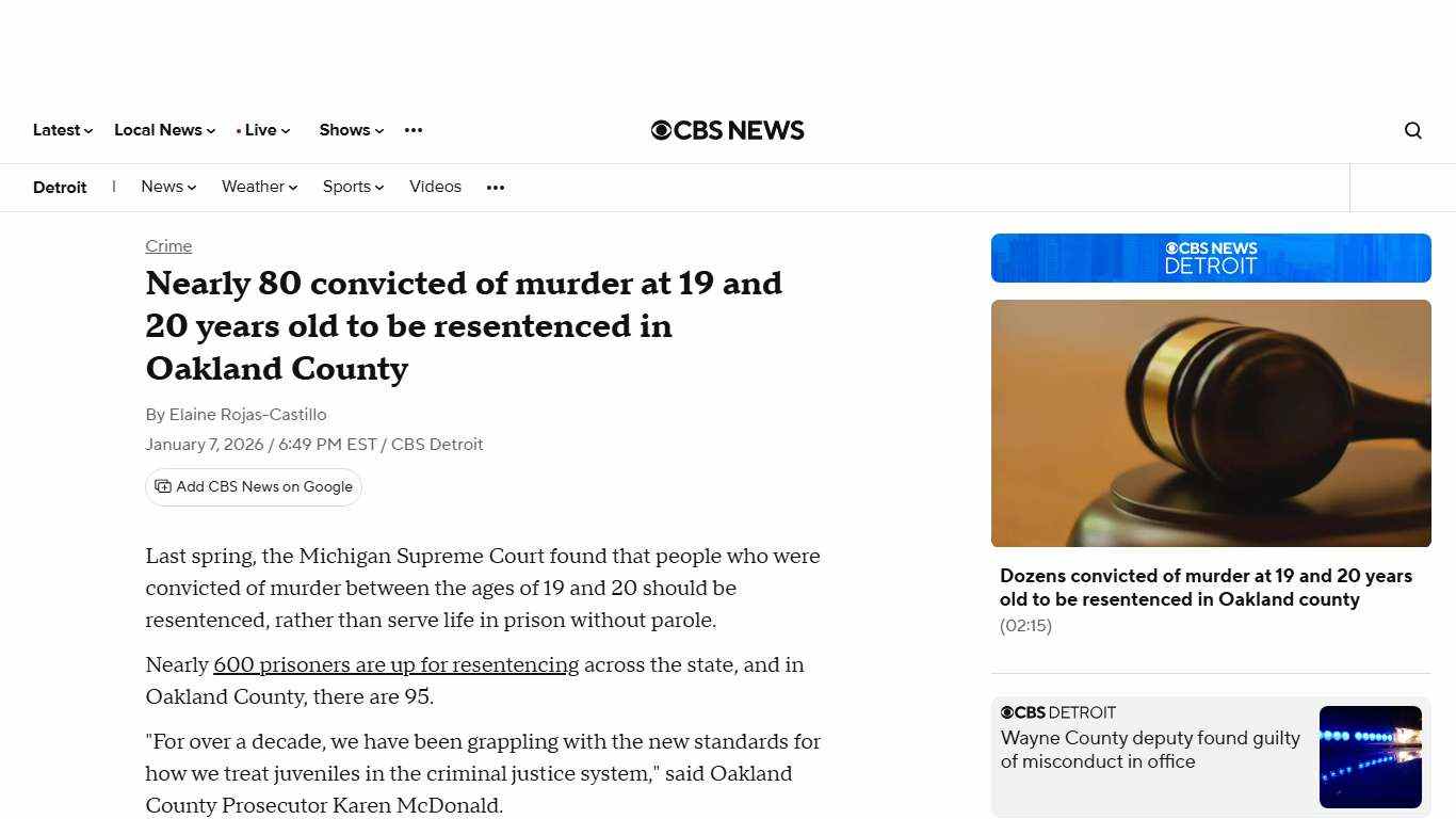 Nearly 80 convicted of murder at 19 and 20 years old to be resentenced in Oakland County - CBS Detroit